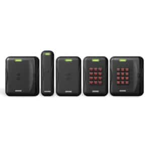 Schlage multi-technology card readers in narrow mullion size, with proximity reader and keypads